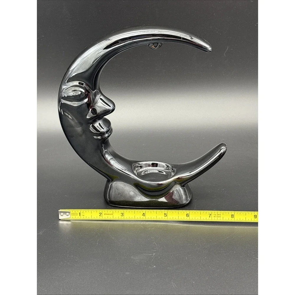 Vintage 90s Whimsigoth Metallic Black Ceramic Crescent Moon Sphere Stand/Candle